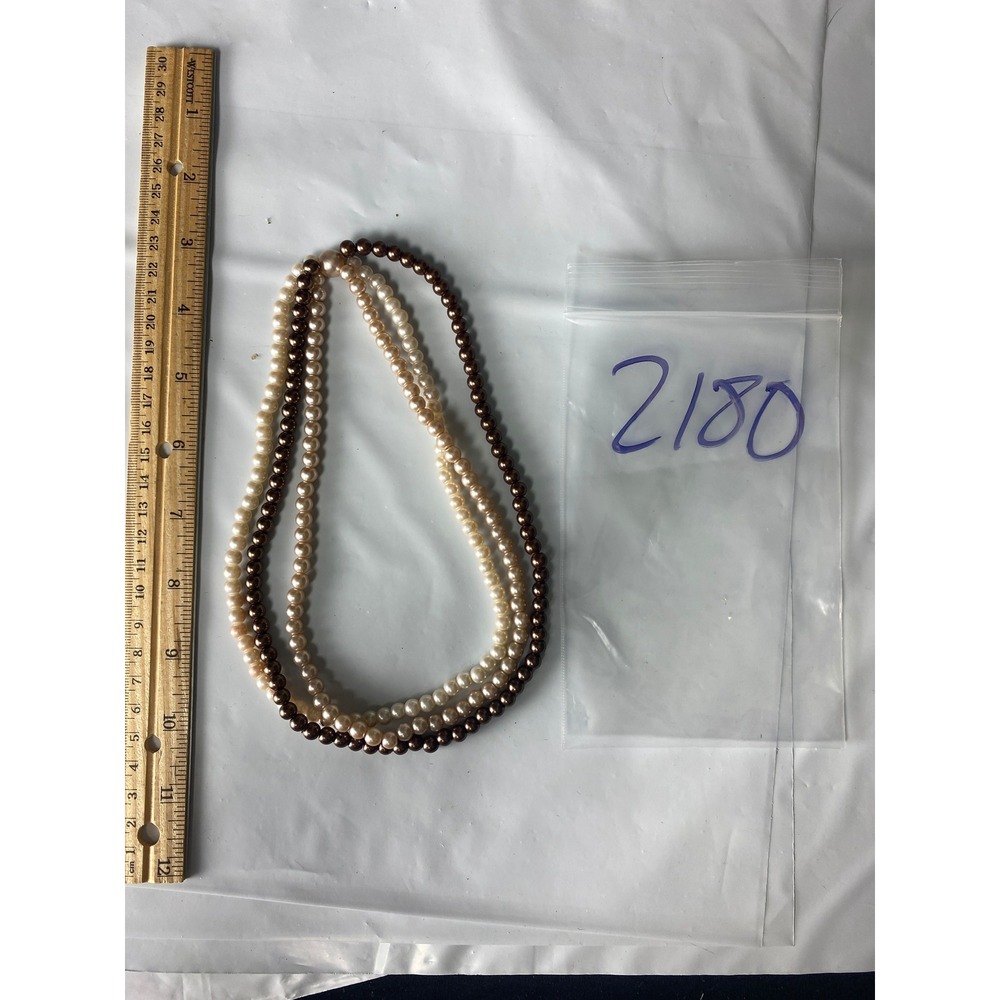 Vintage Double Strand Faux Pearl beads Necklace Cream and Brown Beaded 22 Inch